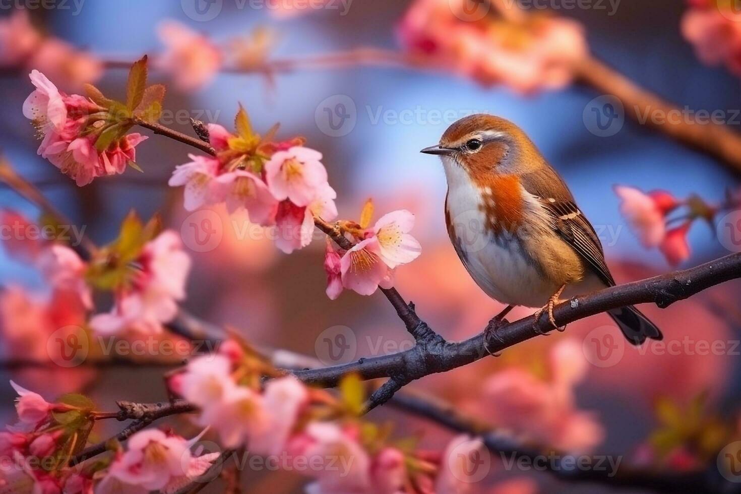 lindo pássaro sentado em a árvore ramo com sakura flor background.generative ai. foto