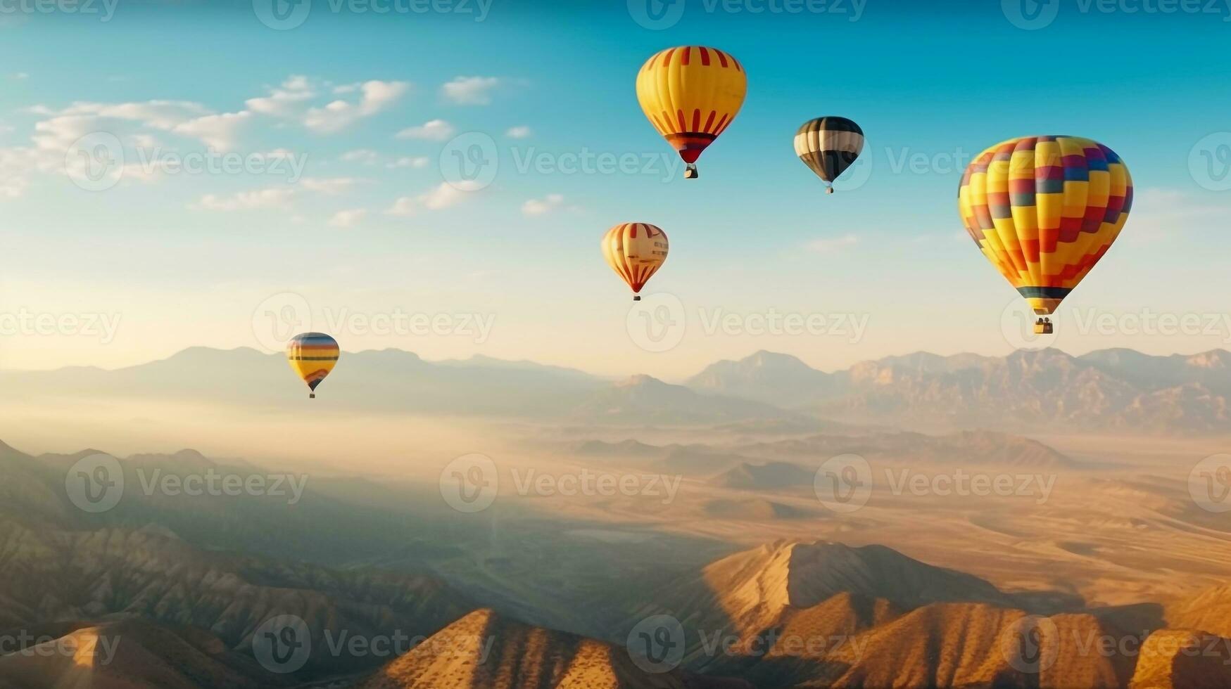 colorida quente ar balões flutuador sobre montanha com azul céu.generativo ai. foto