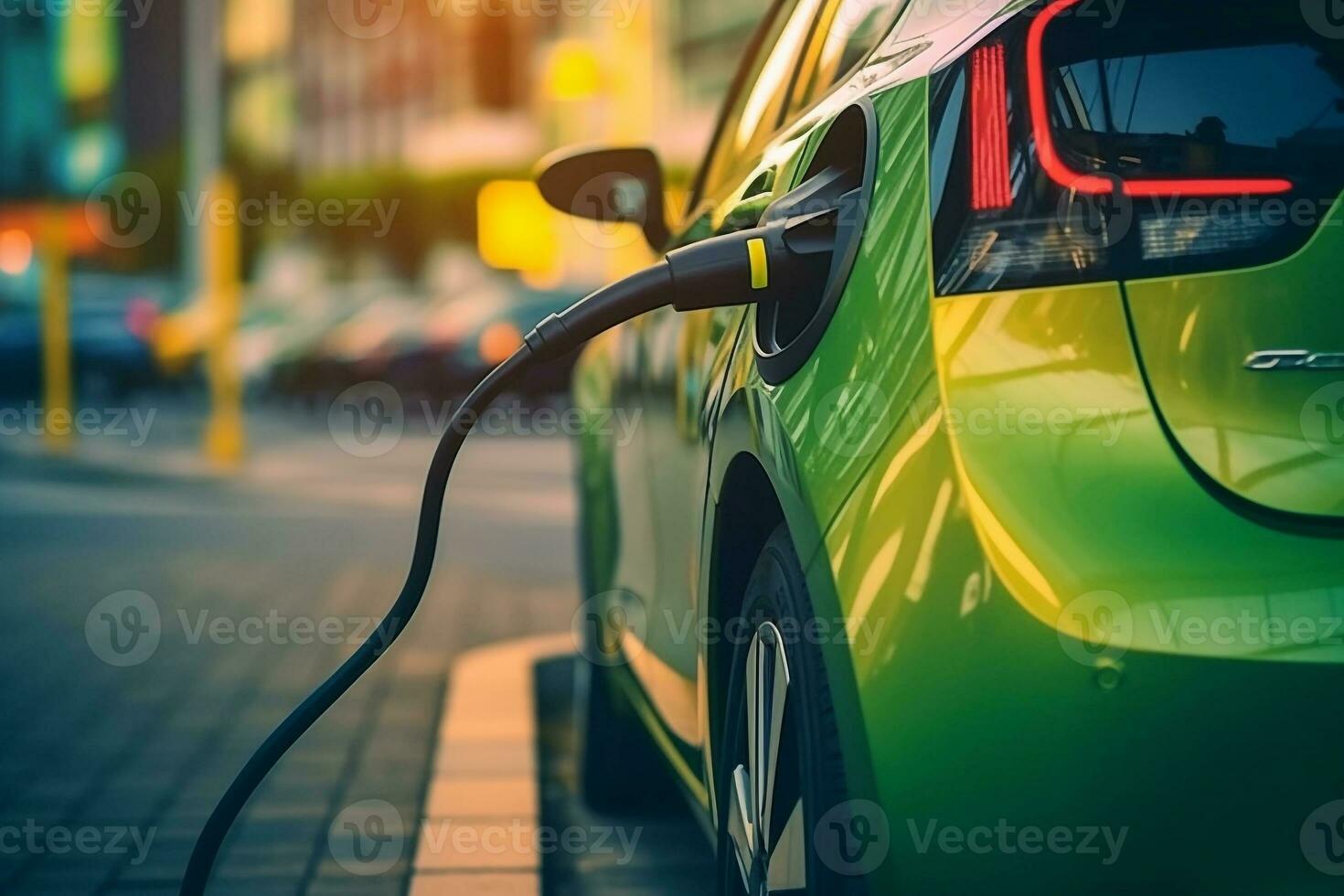 fechar acima elétrico veículo cobrando carro obstruído às cobrando estação.generativa ai. foto