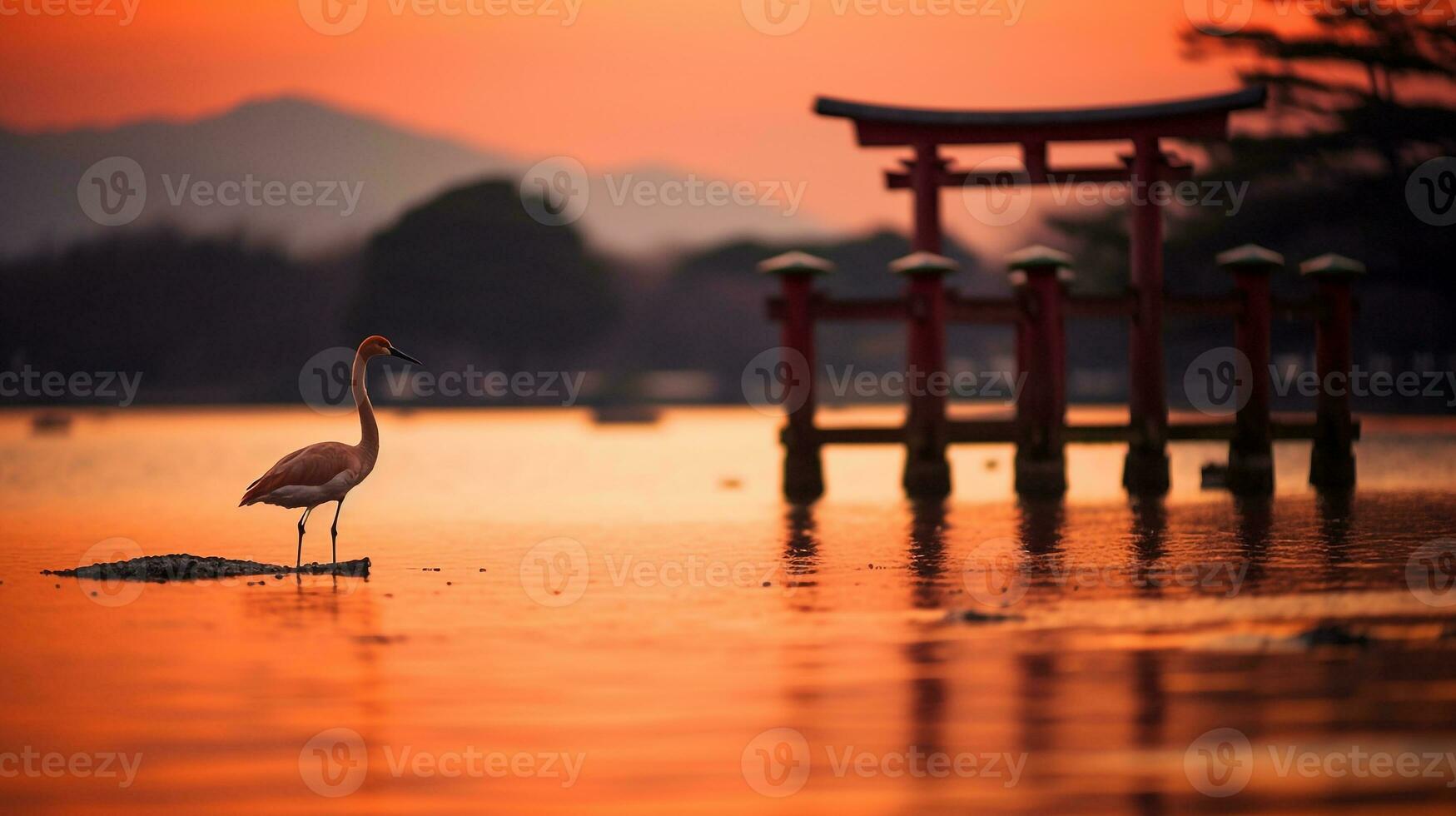 flamingo em rio com torii portão e pôr do sol background.generative ai. foto