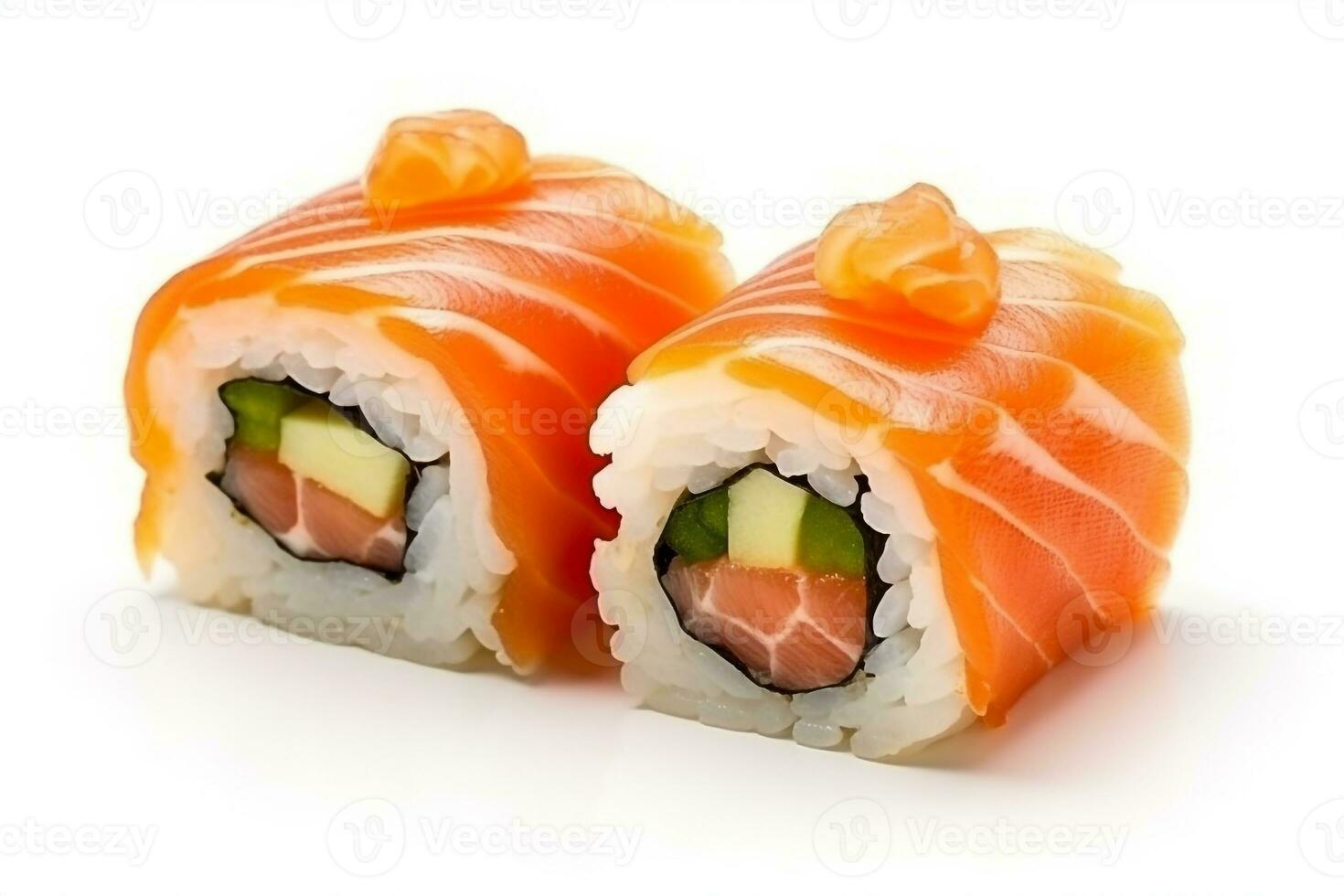 Sushi salmão rolos, de madeira borda isolado em branco background.generative ai. foto