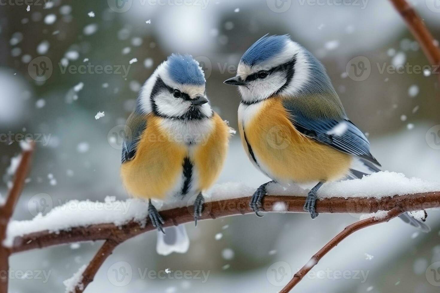 titmouse pássaros em ramo com neve inverno.generativo ai. foto