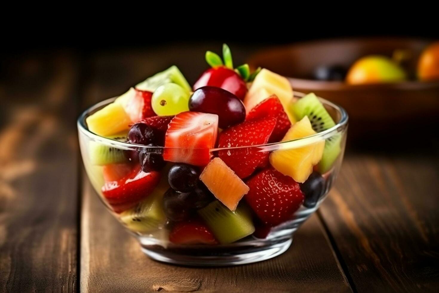 fresco fruta salada dentro a tigela em de madeira table.generative ai. foto