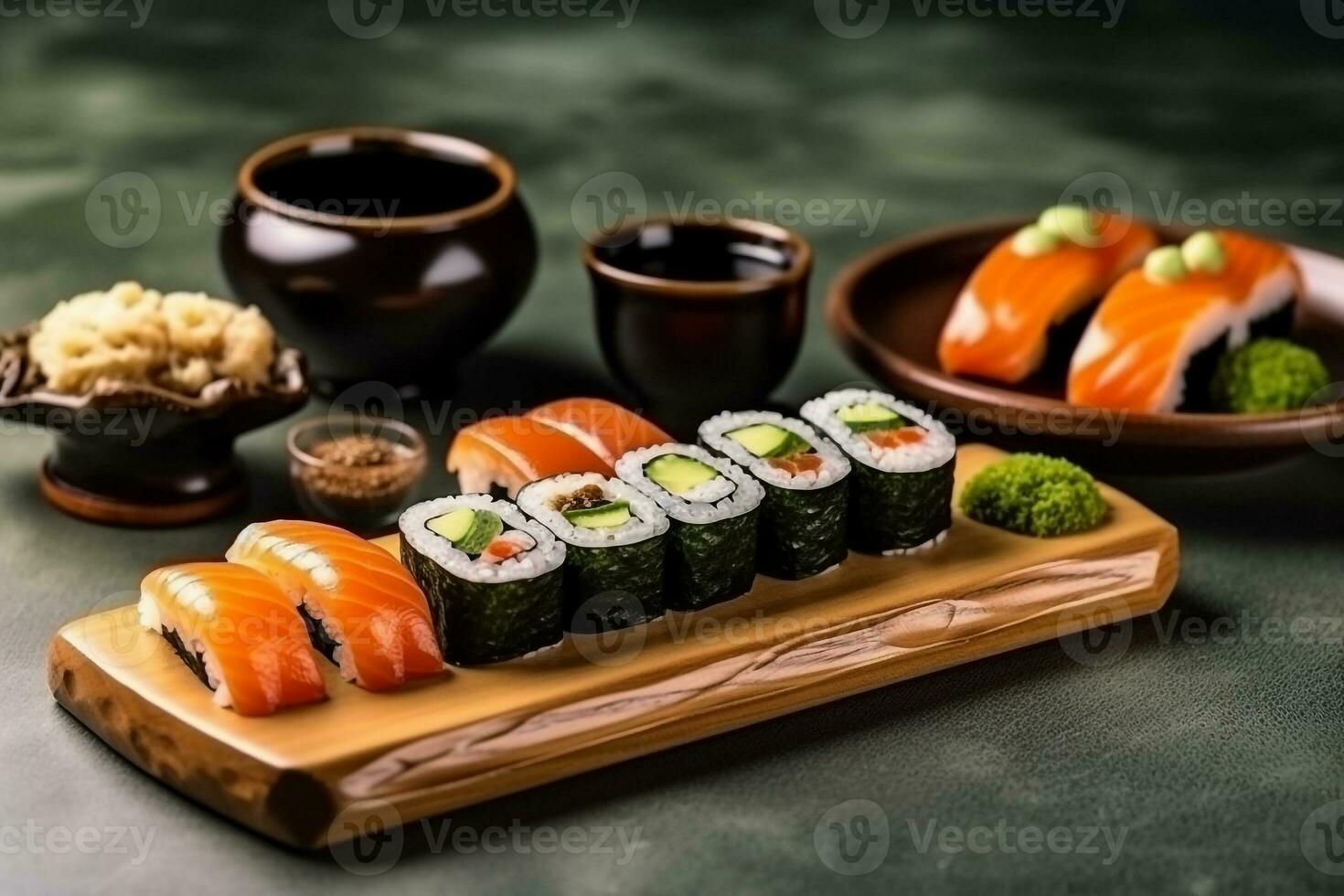 conjunto do Sushi maki rolos e verde chá em pedra mesa foto