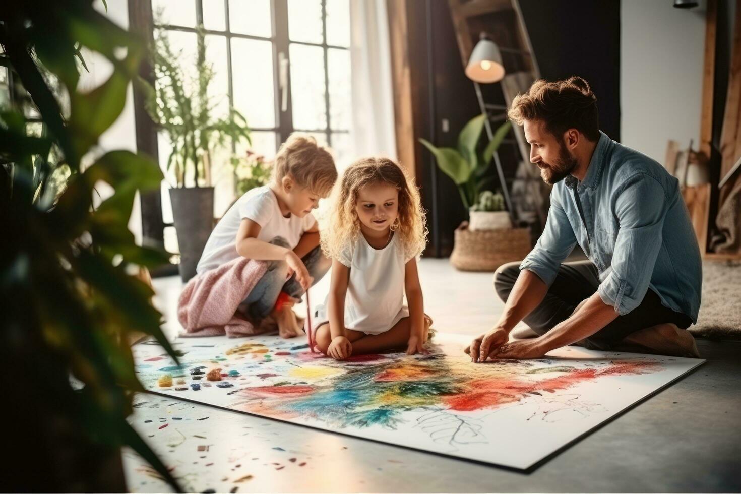 família pintura em a chão juntos foto