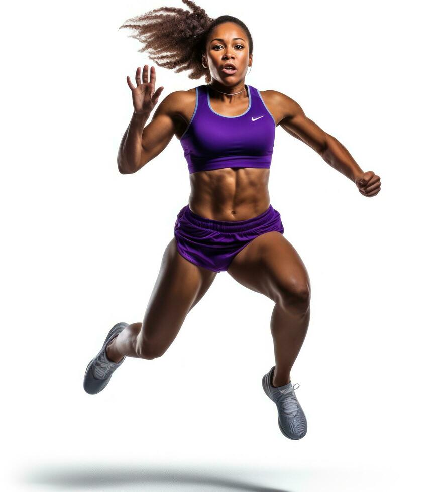 uma fêmea Esportes corredor pulando isolado foto