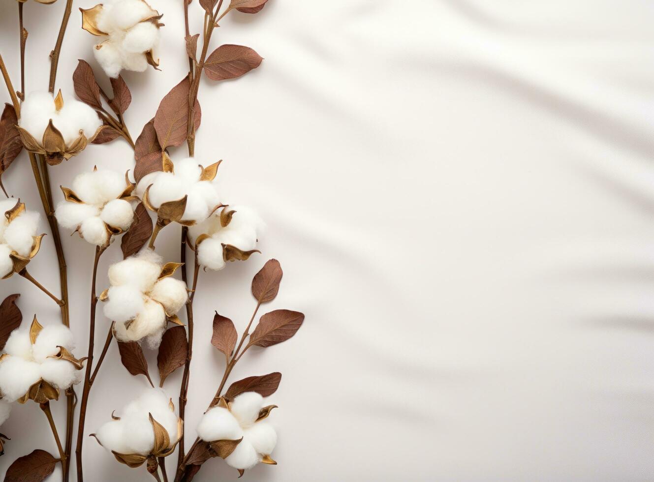 algodão e folhas em branco fundo plano deitar estilo foto