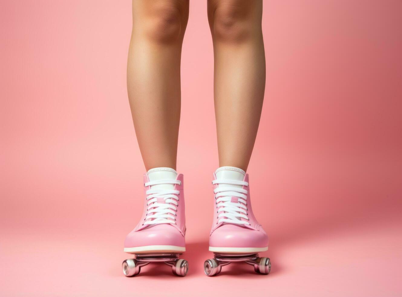 uma mulher em pé dentro uma Rosa skate com uma par do luz Rosa skate foto