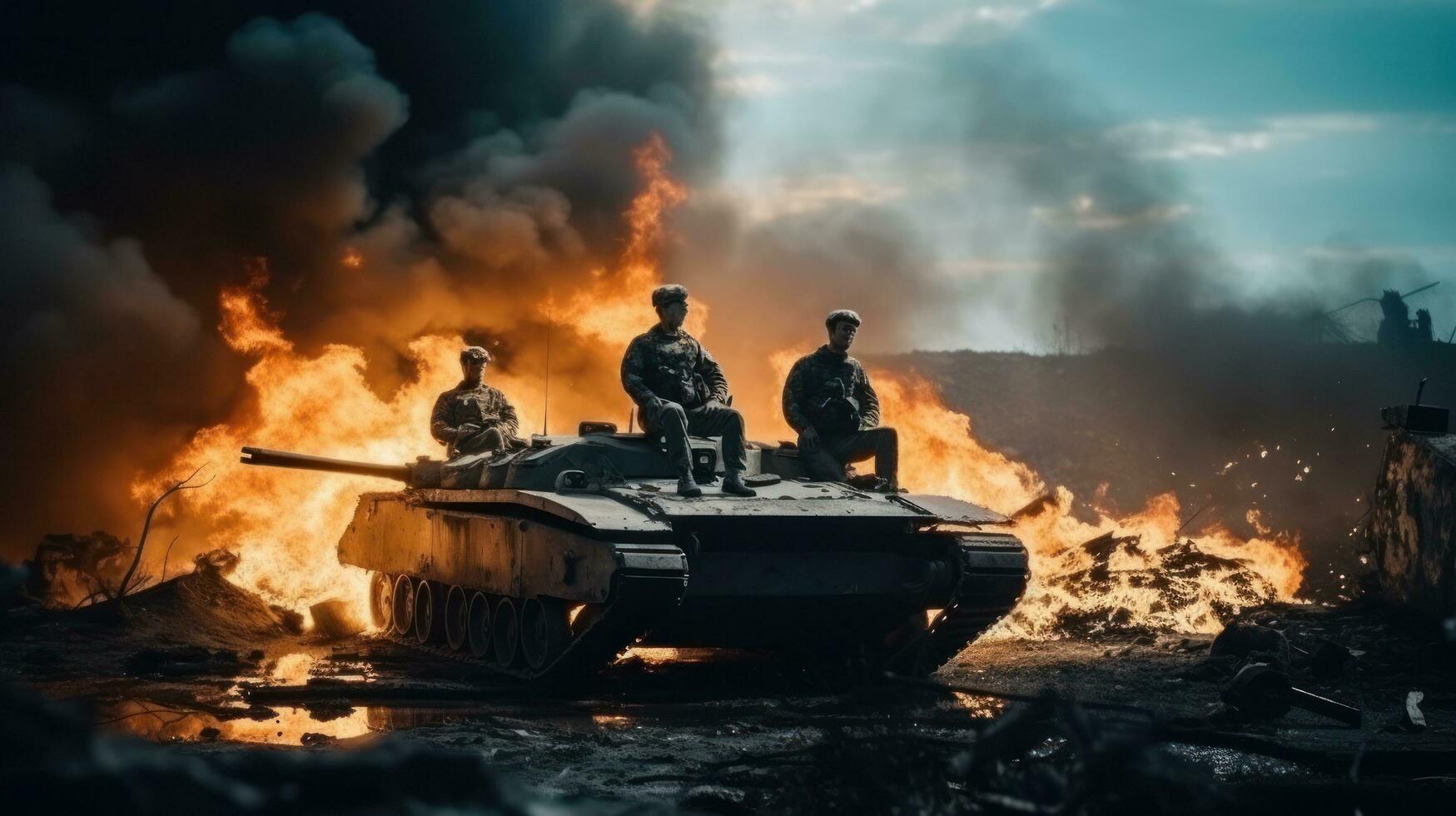 militares branco homens em uma queimado tanque foto