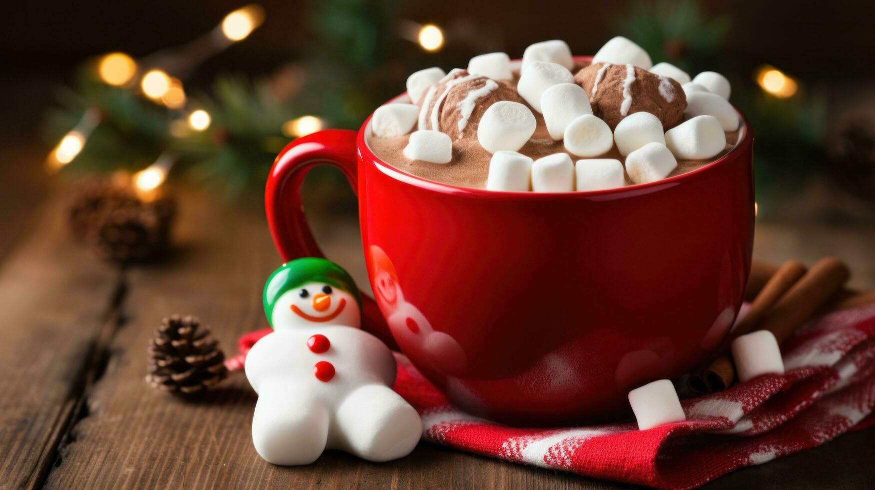 uma Natal caneca do quente chocolate com pequeno boneco de neve em forma marshmallows foto