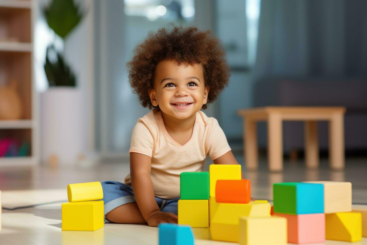 fofa criança dentro a vivo quarto construção com blocos dentro a quarto foto