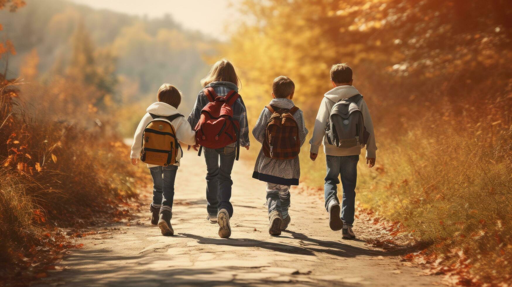 crianças caminhando em uma caminho carregando mochilas foto