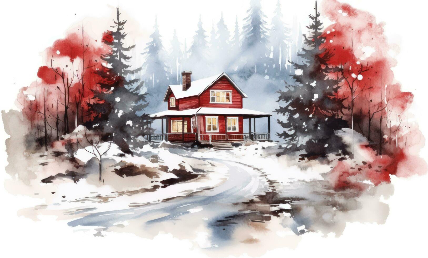 uma aguarela ilustração do uma vermelho Fazenda casa e pinho árvores foto