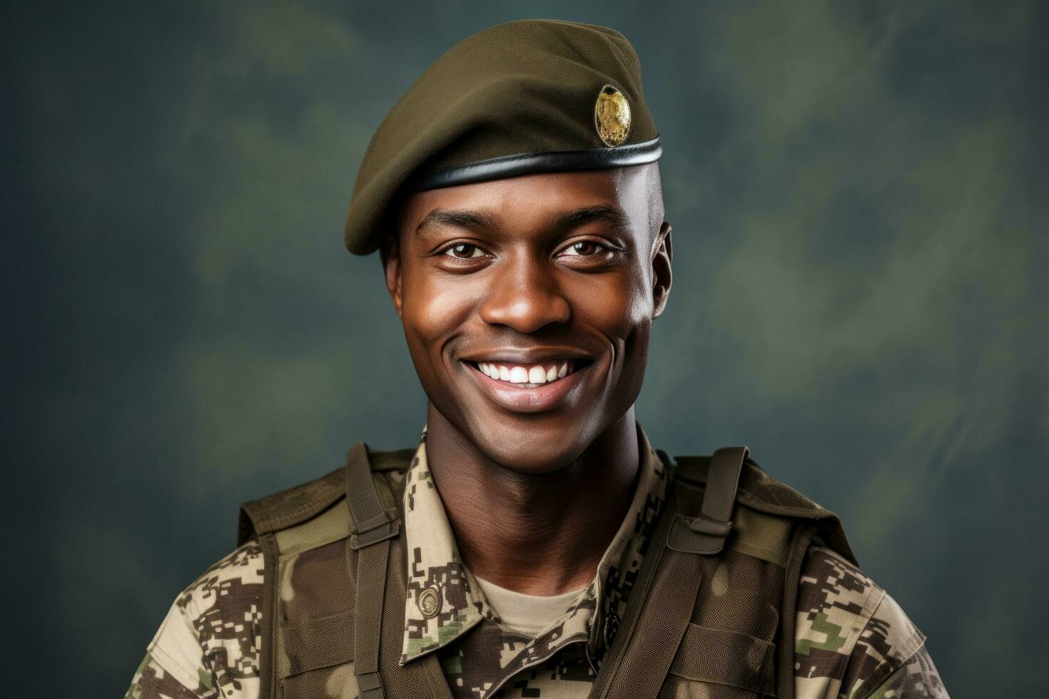 uma jovem Preto homem dentro uma militares uniforme é sorridente e posando para uma foto