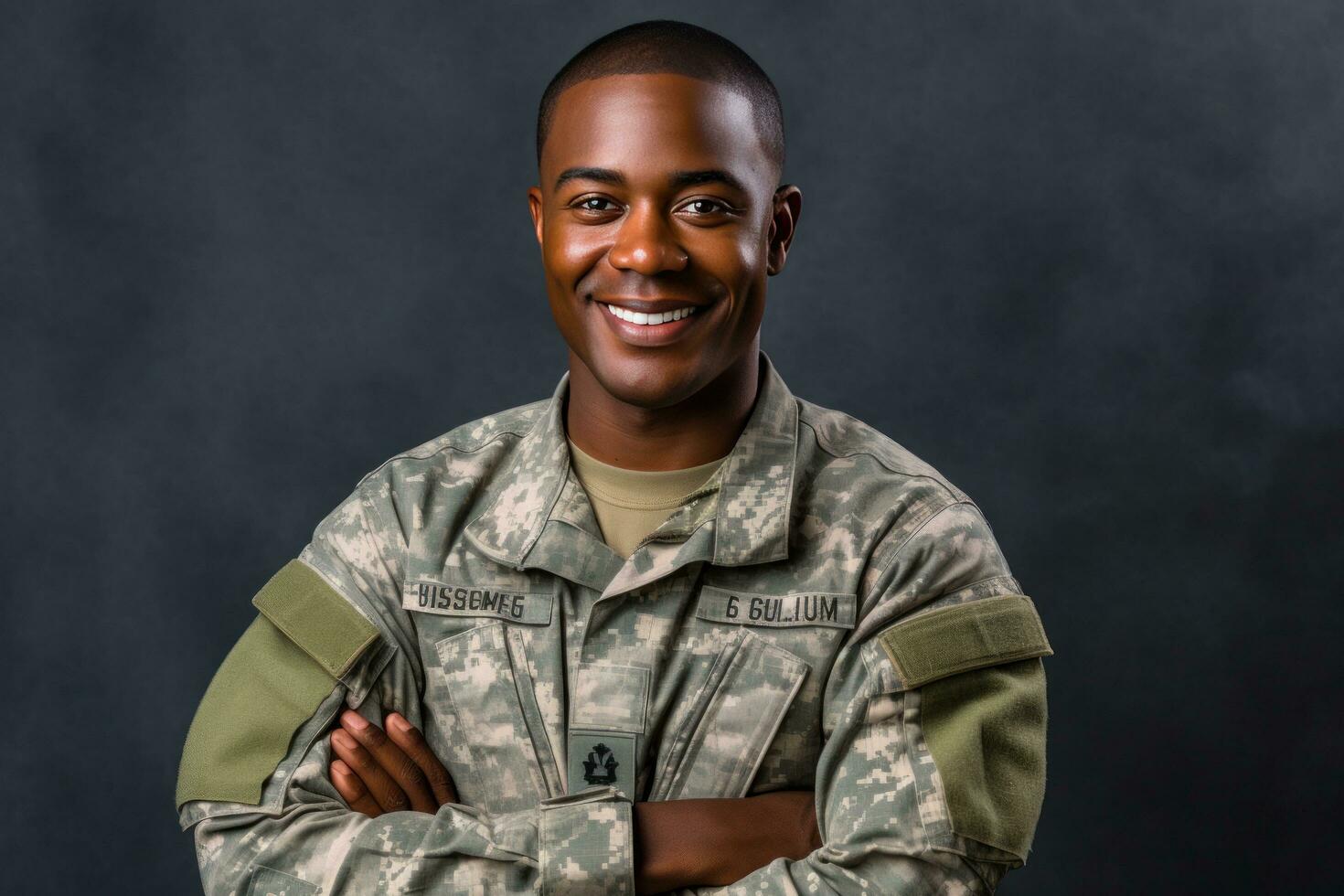 uma jovem Preto homem dentro uma militares uniforme é sorridente e posando para uma foto