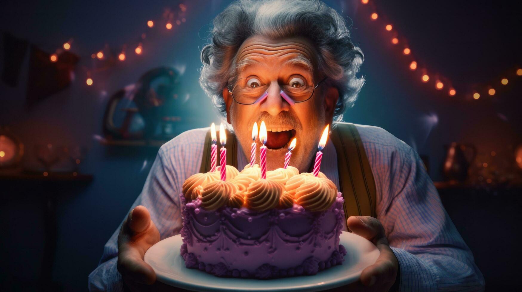 velho homem com aniversário bolo foto