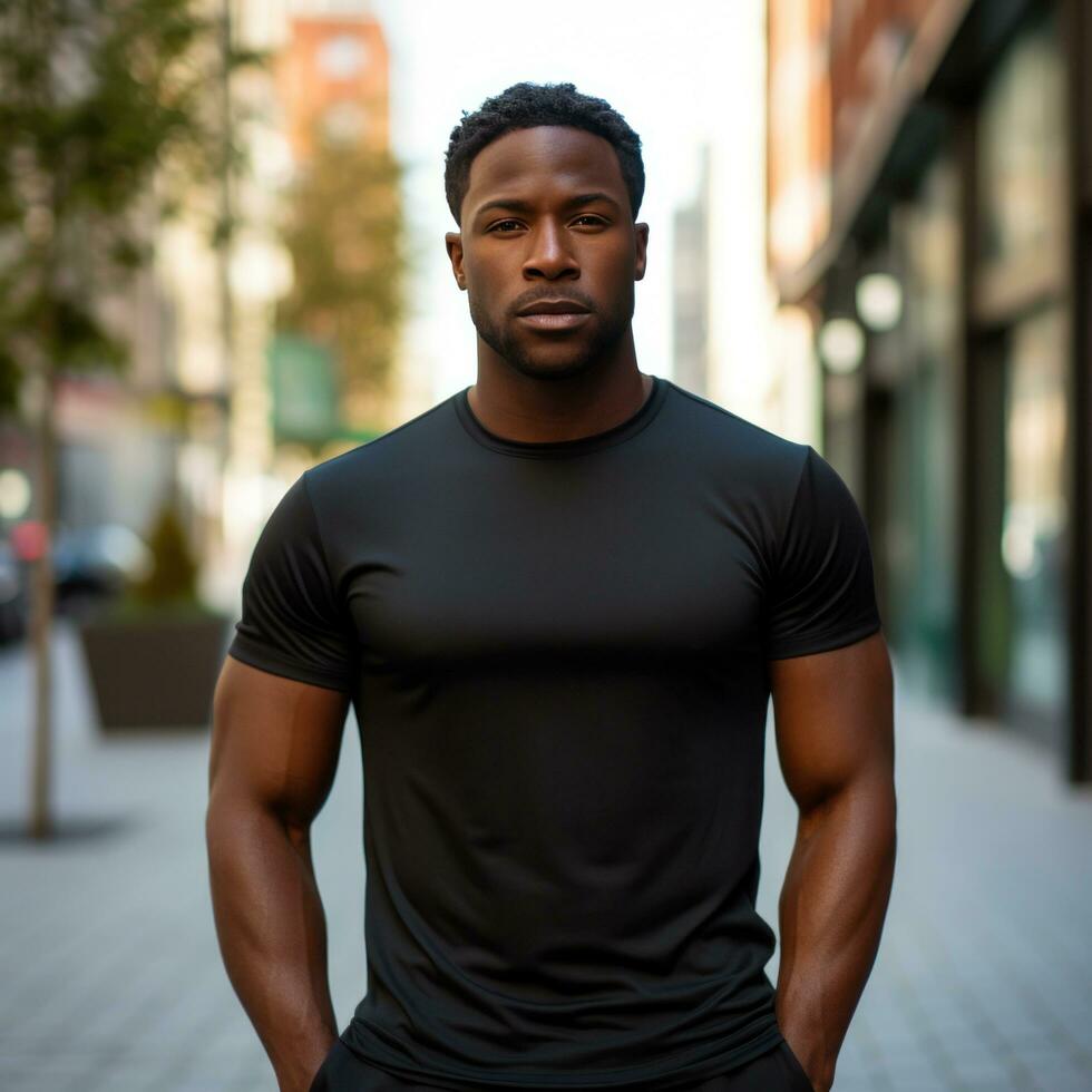 homem dentro Preto camiseta brincar posando dentro a rua foto