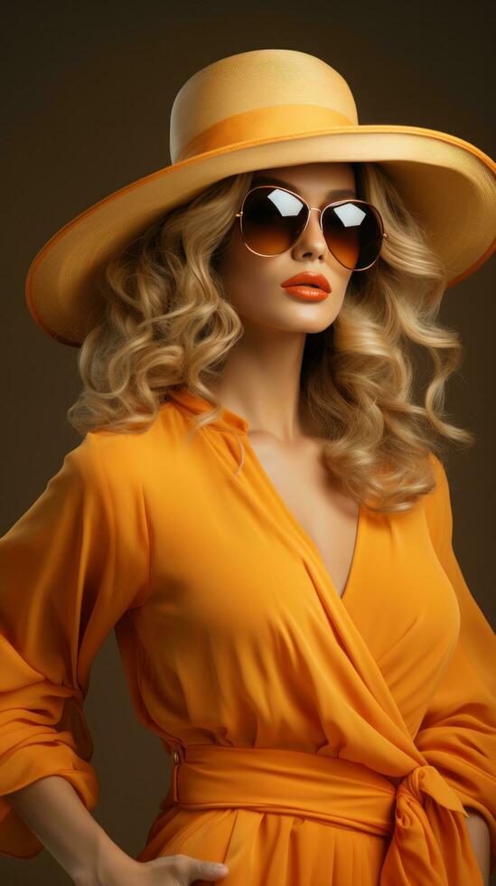 elegante mulher dentro de grandes dimensões chapéu e oculos de sol foto