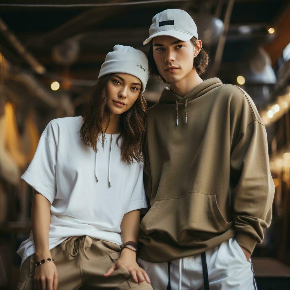 jovem casal dentro na moda streetwear foto