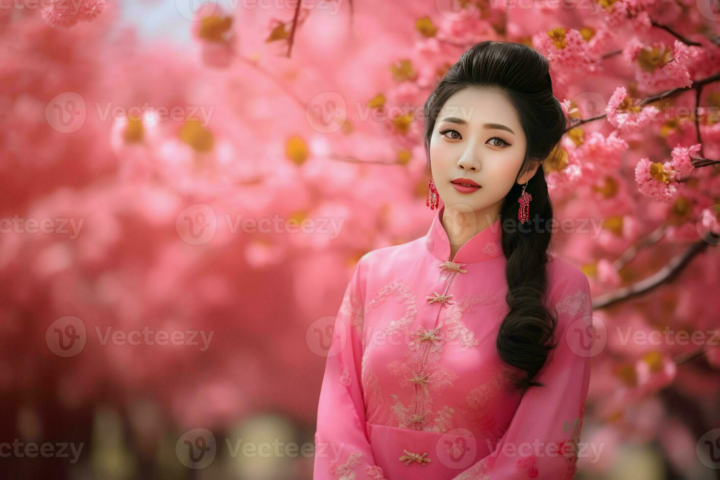 chinês menina Flor Primavera jardim. gerar ai foto