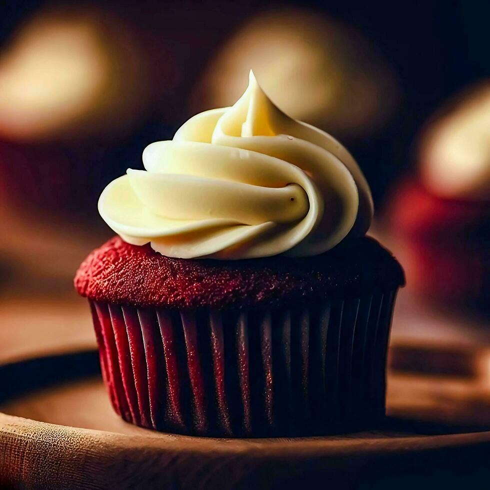 uma vermelho veludo Bolinho com creme queijo geada em uma de madeira quadro, ai generativo foto