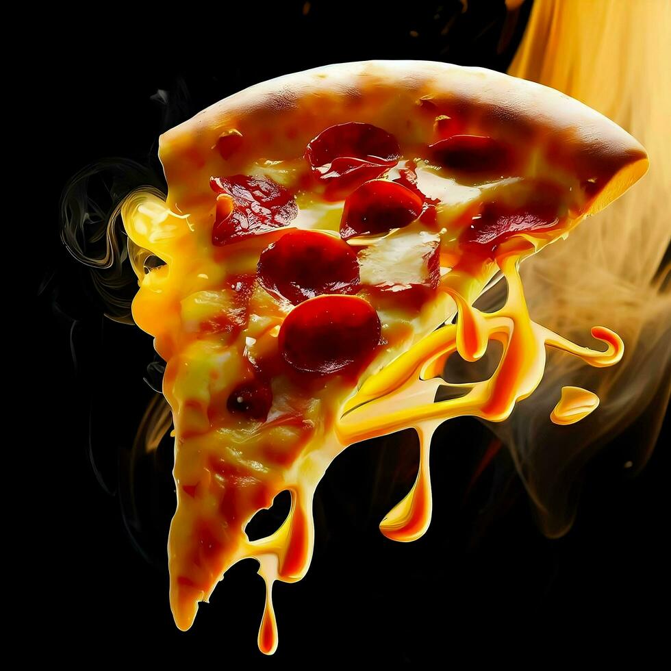 uma quente pizza fatia com molho em isto, ai generativo foto