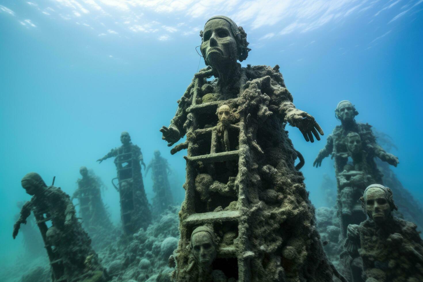 escultura do a afundado navio dentro a azul mar, extremo mergulhadores dentro a coral recife, traseiro visualizar, não visível rostos, ai gerado foto