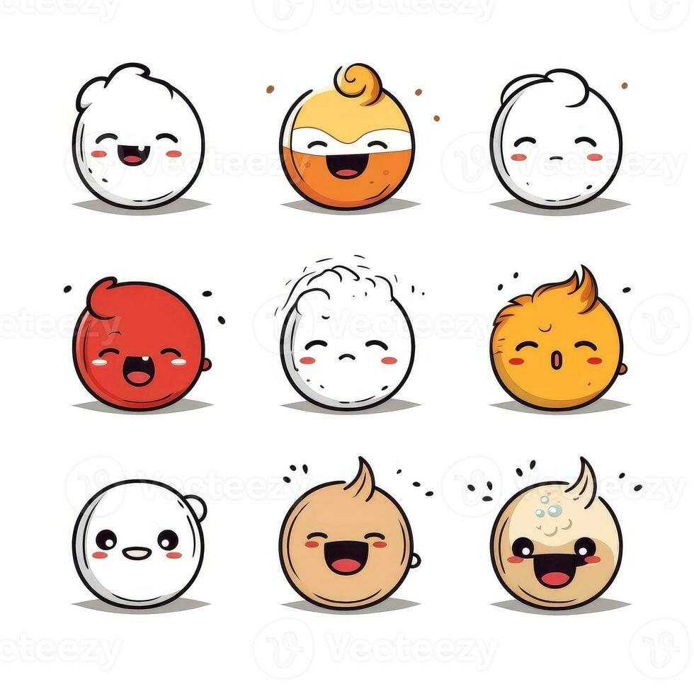 conjunto do desenho animado rostos expressões, face emojis, adesivos, emoticons, desenho animado engraçado mascote personagens face definir, generativo ai ilustração foto