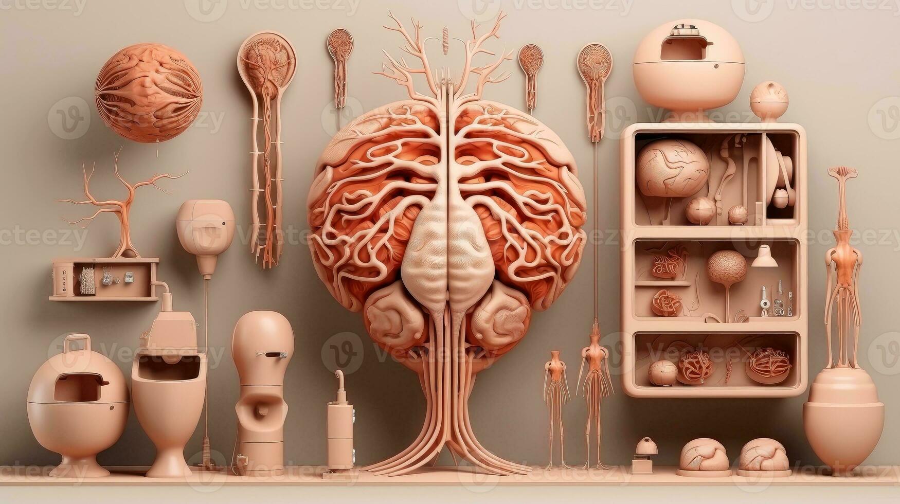 3d ilustração brincar do a humano órgão sistema, anatomia, nervoso, circulatório, digestivo, excretor, urinário, e osso sistemas. médico Educação conceito, generativo ai ilustração foto