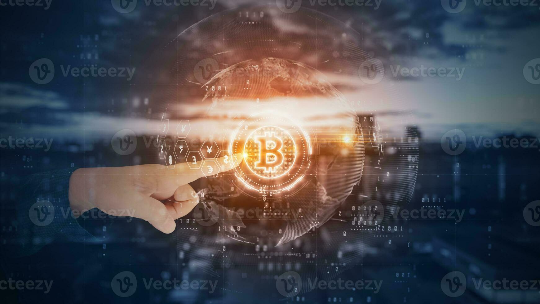 mãos toque bitcoin blockchain criptomoeda digital criptografia, digital dinheiro intercâmbio, tecnologia global rede conexões fundo conceito. 3d Renderização foto