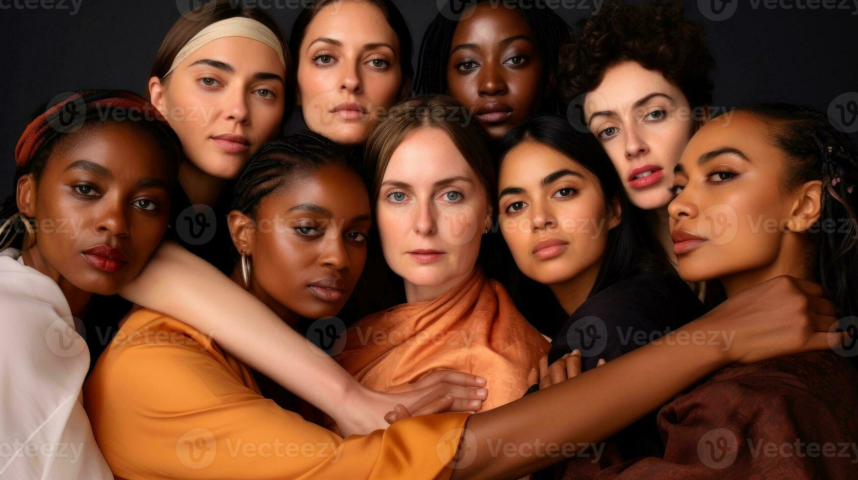 grupo do mulheres abraçando si mesmos com amor e Cuidado Como uma família, dia para a eliminação do violência contra mulheres conceito, generativo ai ilustração foto