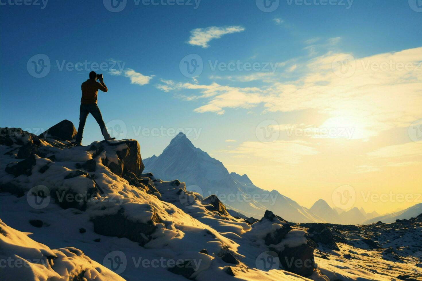uma sereno Nevado montanha panorama abaixo uma claro, fresco azul céu ai gerado foto