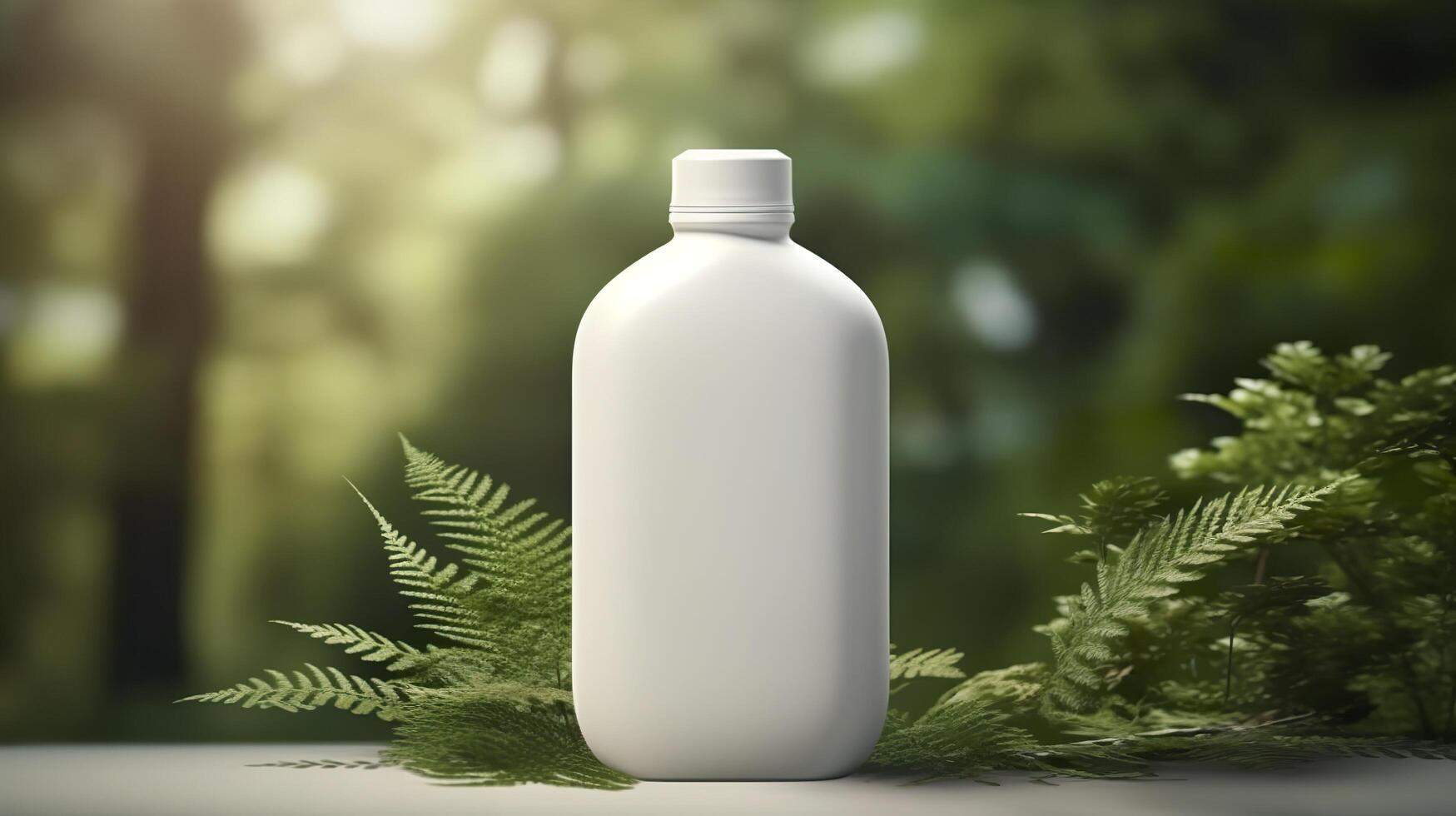 natural Cosmético produtos apresentação nos bastidores. ao ar livre floresta colocação. branco em branco jarra xampu garrafa. 3d. ai generativo foto