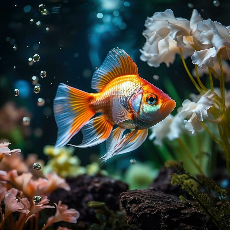 amigáveis peixe natação dentro vibrante aquário foto