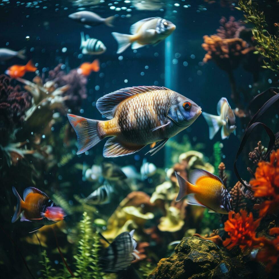 amigáveis peixe natação dentro vibrante aquário foto