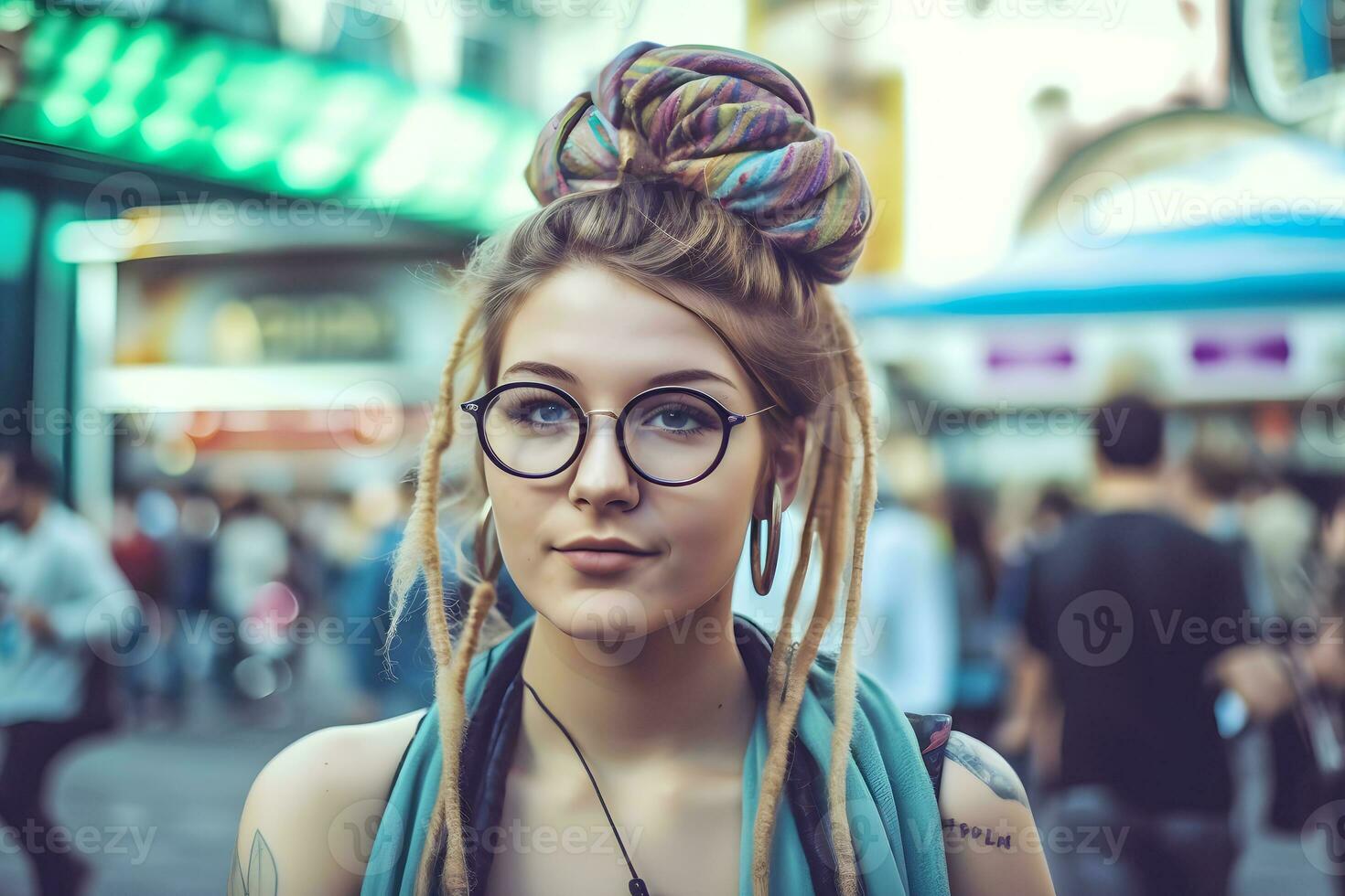 fechar acima retrato do jovem mulher dentro turbante. neural rede ai gerado foto