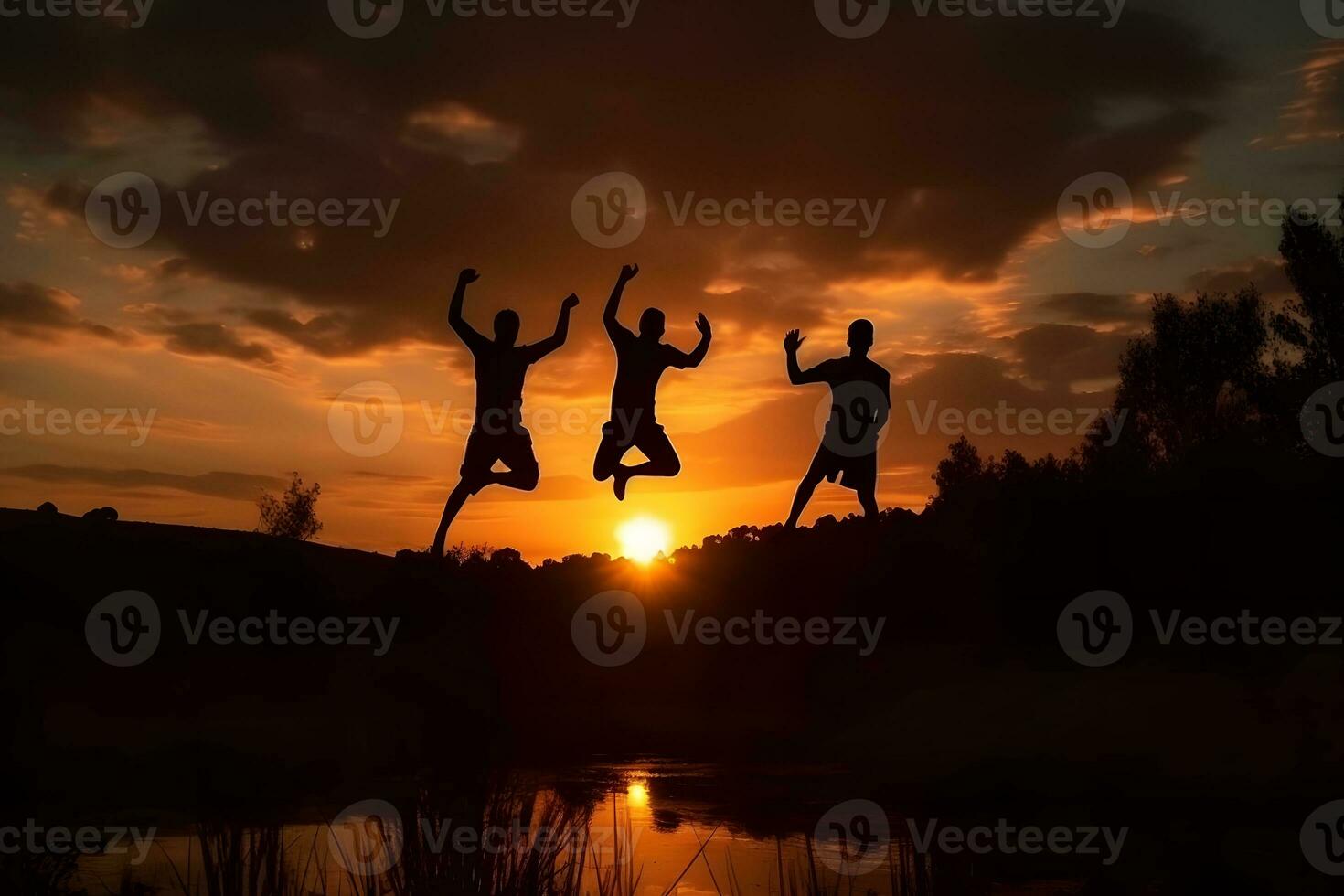 jovem amigos alegremente pulando contra a pano de fundo do a pôr do sol. neural rede ai gerado foto