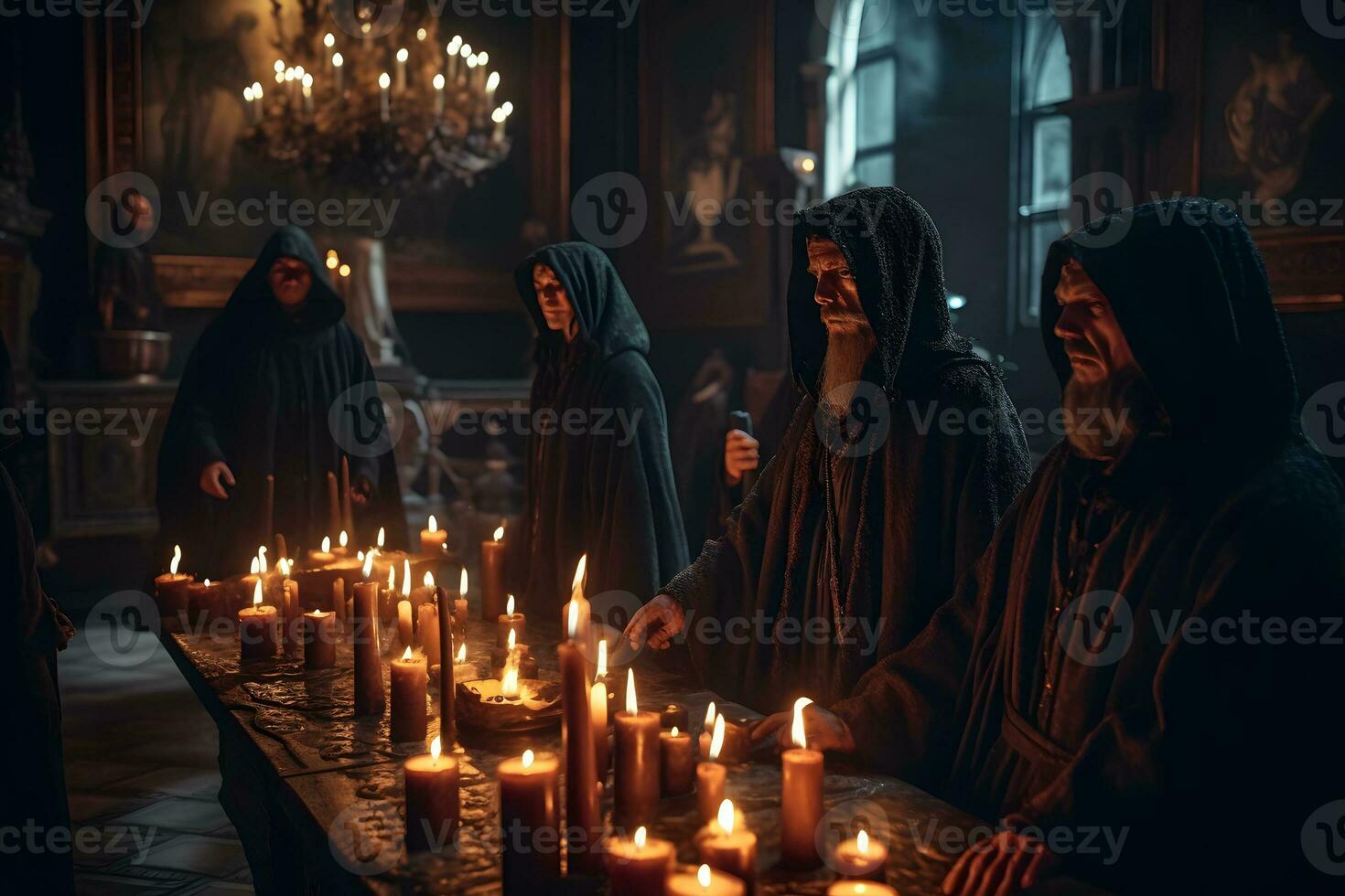 ritual do medieval padres com velas dentro a têmpora. neural rede ai gerado foto