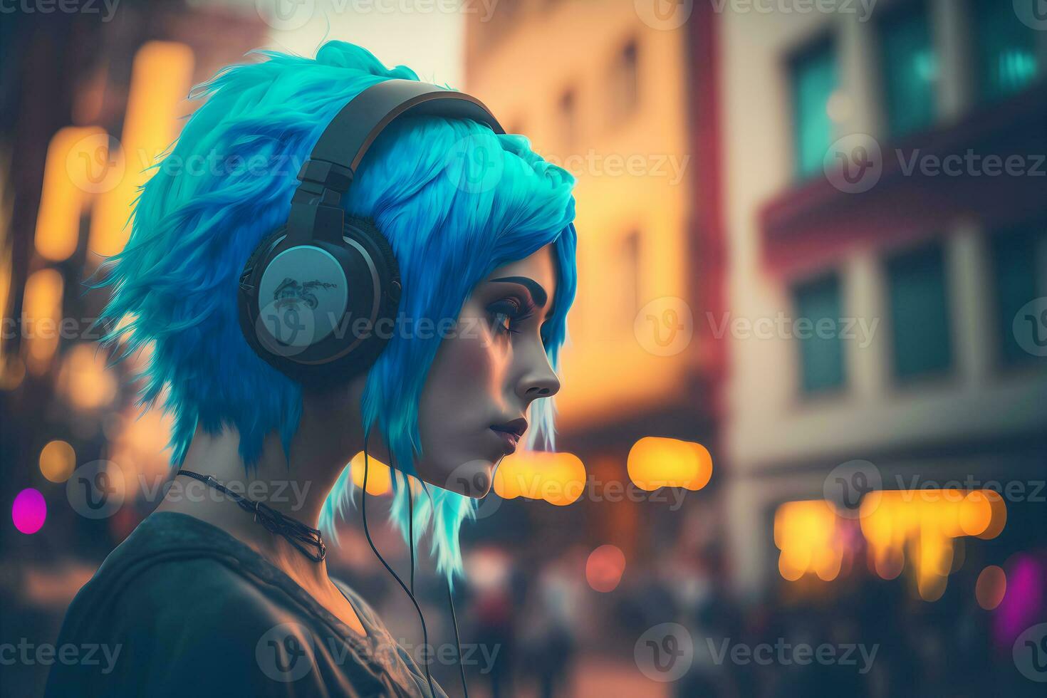 retrato do jovem menina com azul cabelo ouvindo música com fones de ouvido em cidade rua. neural rede gerado arte foto