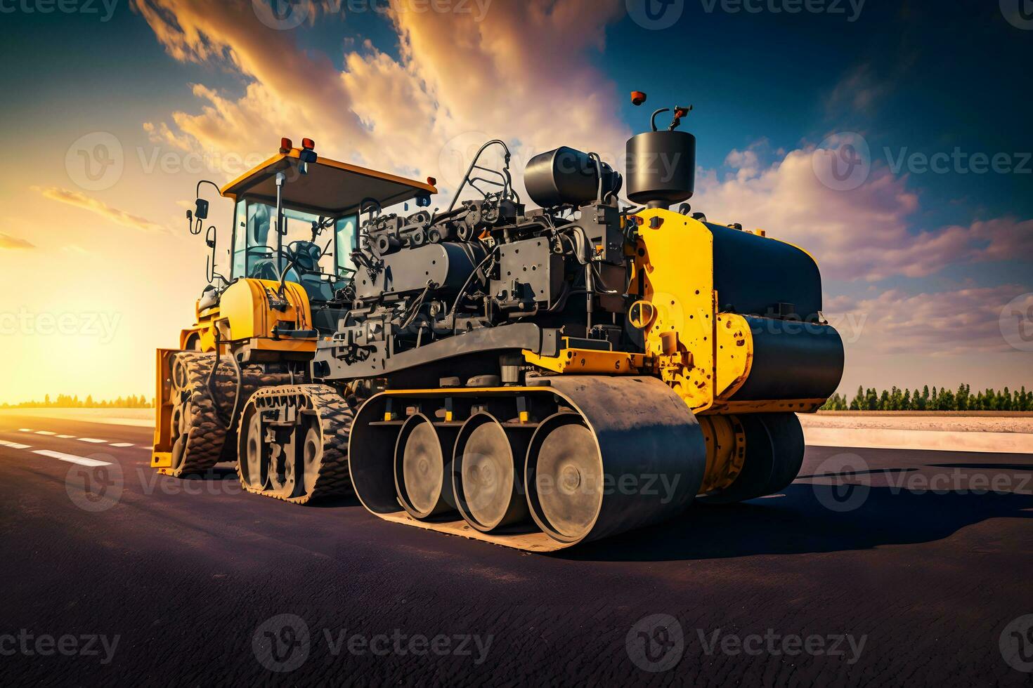 trabalhador operativo asfalto pavimentar máquina finalizador durante estrada construção e reparação funciona. neural rede gerado arte foto