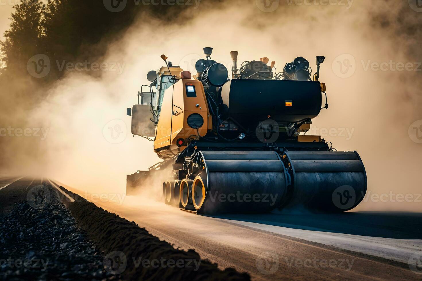 trabalhador operativo asfalto pavimentar máquina finalizador durante estrada construção e reparação funciona. neural rede gerado arte foto