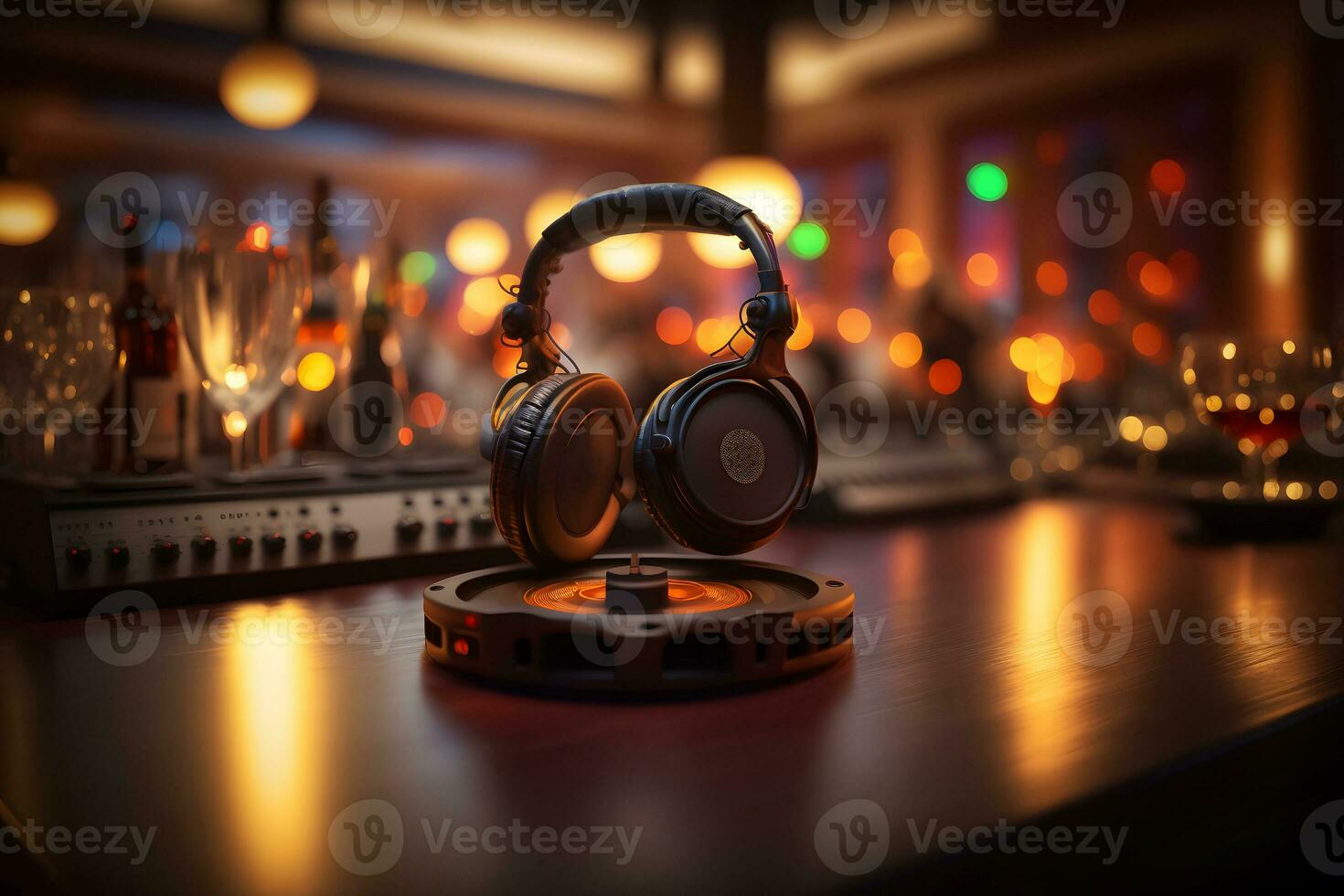 moderno grande profissional fones de ouvido em DJs mesa às noite Festa. neural rede ai gerado foto