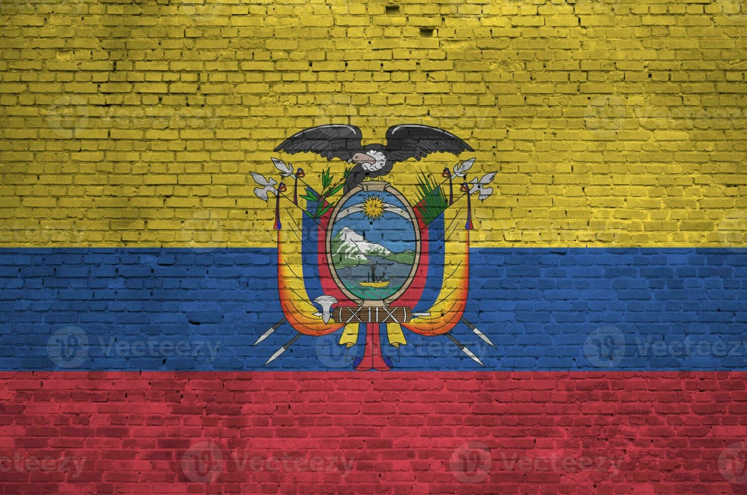 Equador bandeira retratado dentro pintura cores em velho tijolo muro. texturizado bandeira em grande tijolo parede alvenaria fundo foto