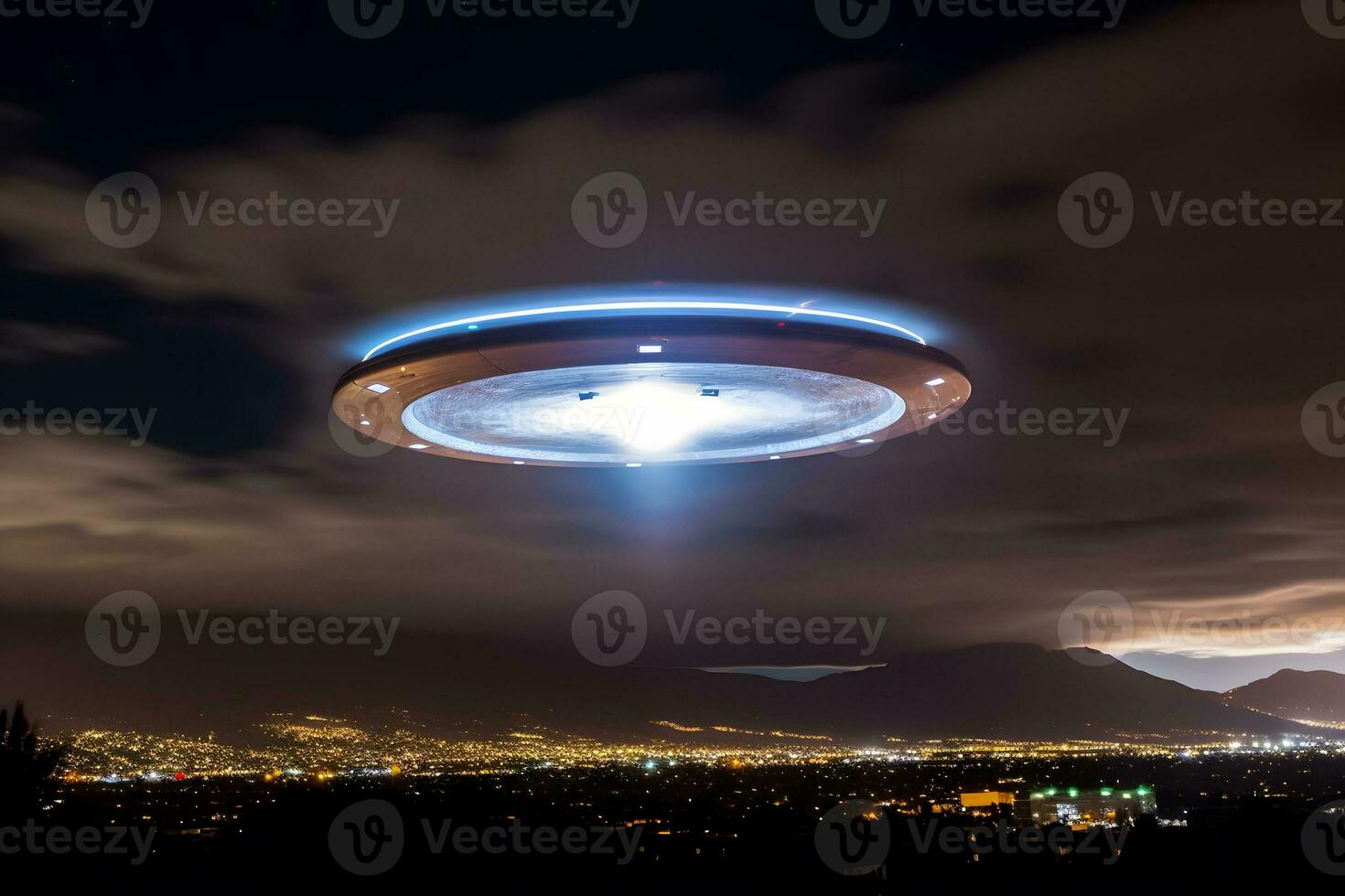 UFO nave espacial sobre a cidade. neural rede ai gerado foto