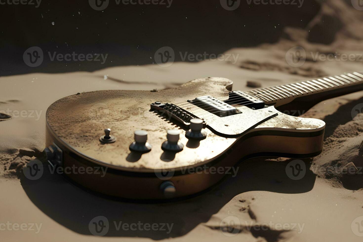 elétrico guitarra em a areia. neural rede ai gerado foto
