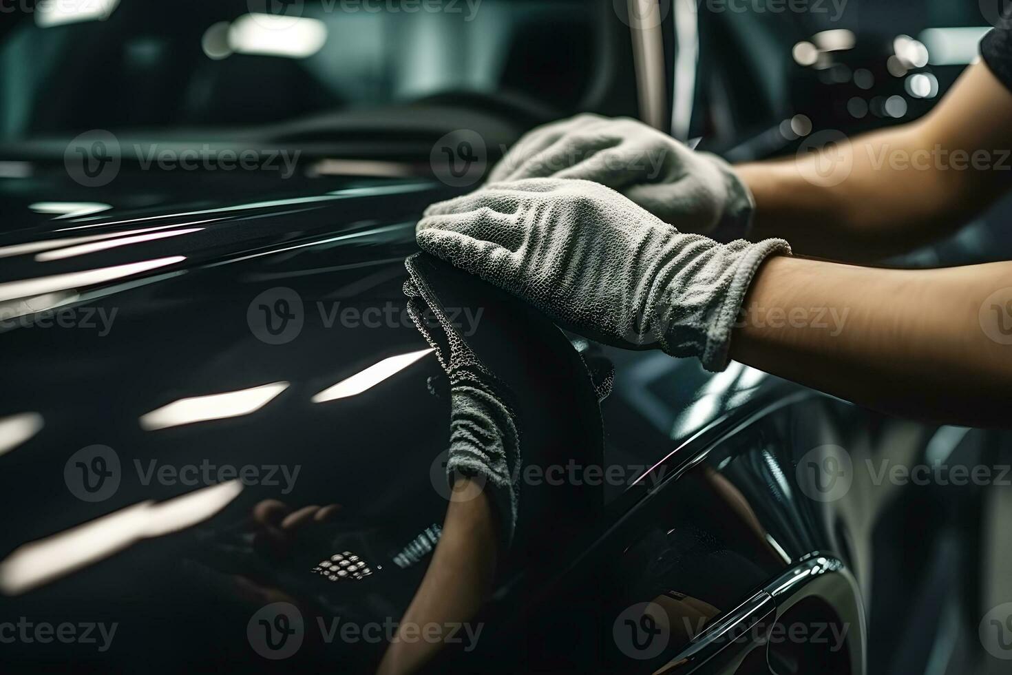 adesivo do uma protetora filme em a Farol do uma carro dentro uma carro detalhamento estúdio. neural rede ai gerado foto