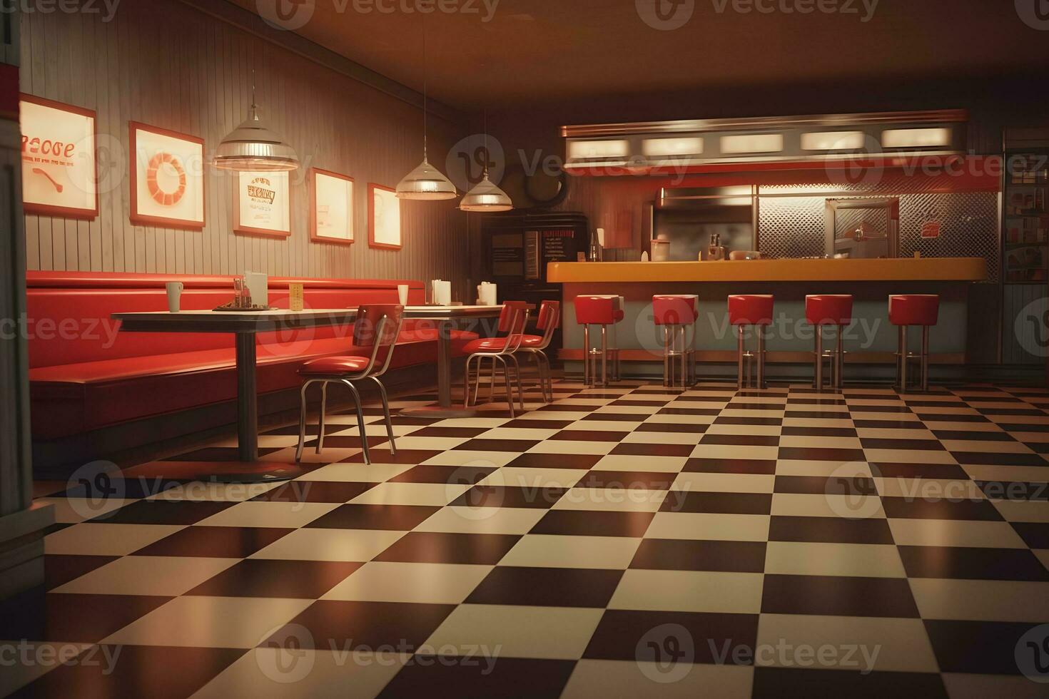 velho formado vermelho Barra fezes dentro americano hamburguer retro o jantar restaurante. interior do Barra é dentro tradicional americano estilo. neural rede ai gerado foto