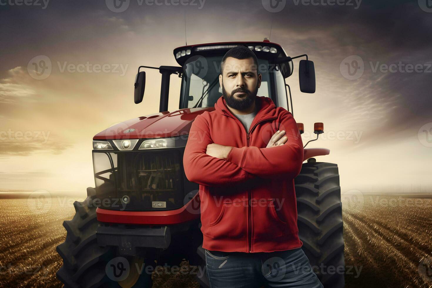 agricultor e agrícola trator dentro a campo. neural rede ai gerado foto