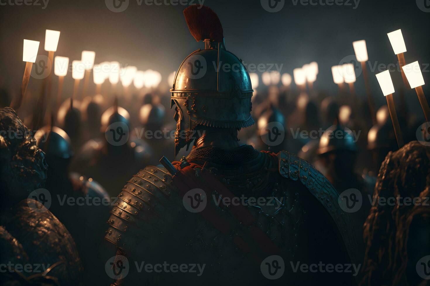 uma romano legião estava uma ampla militares unidade do a romano exército preparando para batalha às noite. neural rede gerado arte foto