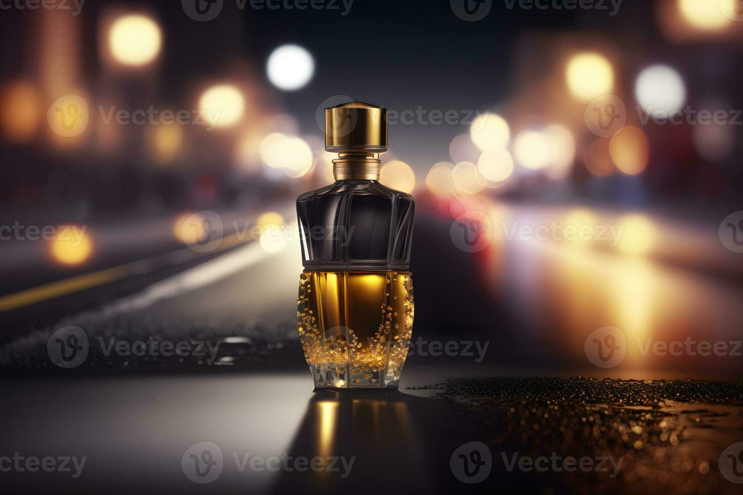 perfume garrafa contra a pano de fundo do noite cidade luzes. neural rede gerado arte foto